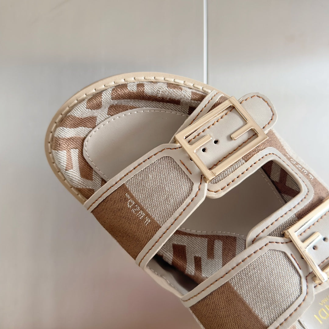 Luxury FendiFF Feel Light Brown Grey Canvas Slide