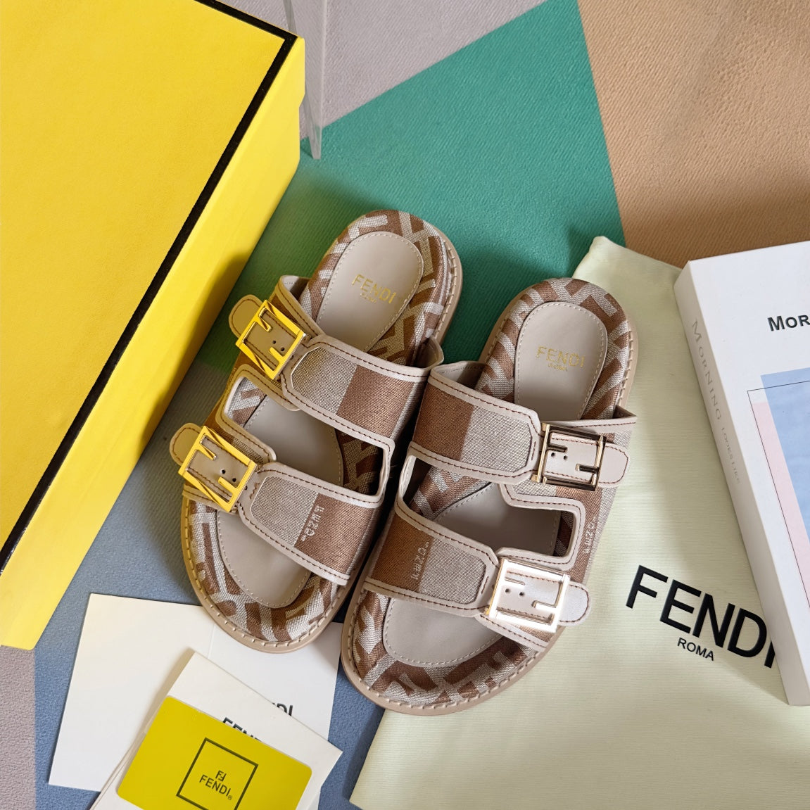 Luxury FendiFF Feel Light Brown Grey Canvas Slide