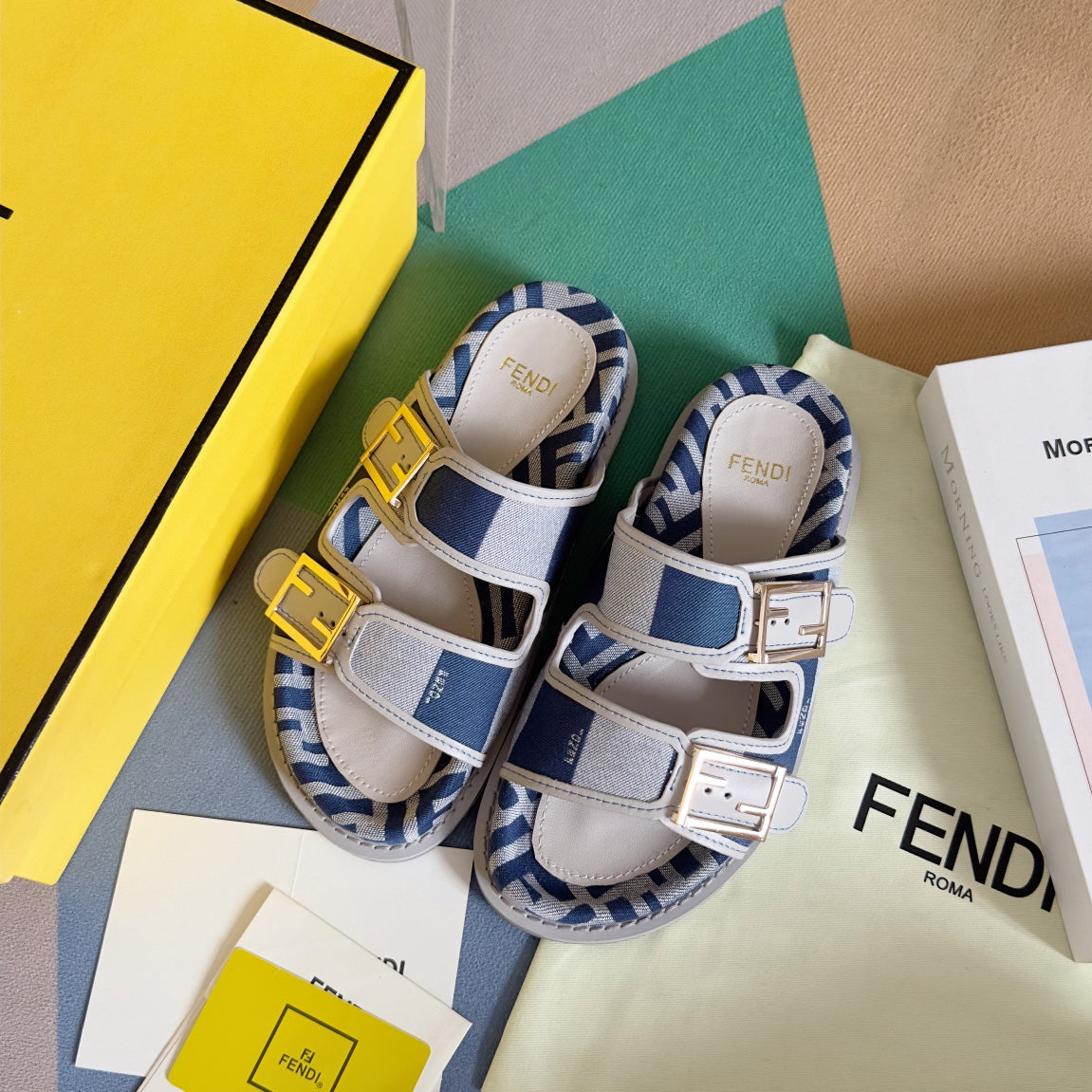 Luxury FendiFF Feel Blue Light Grey Canvas Slide