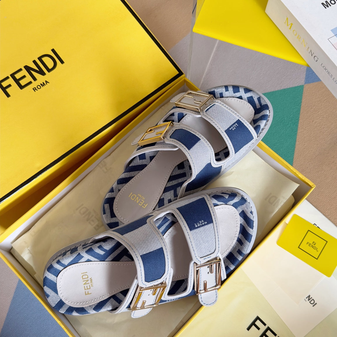 Luxury FendiFF Feel Blue Light Grey Canvas Slide