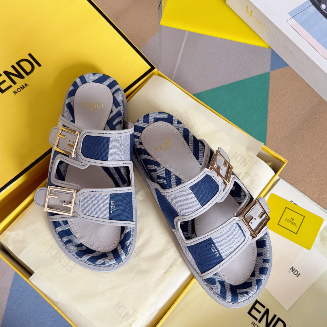 Luxury FendiFF Feel Blue Light Grey Canvas Slide