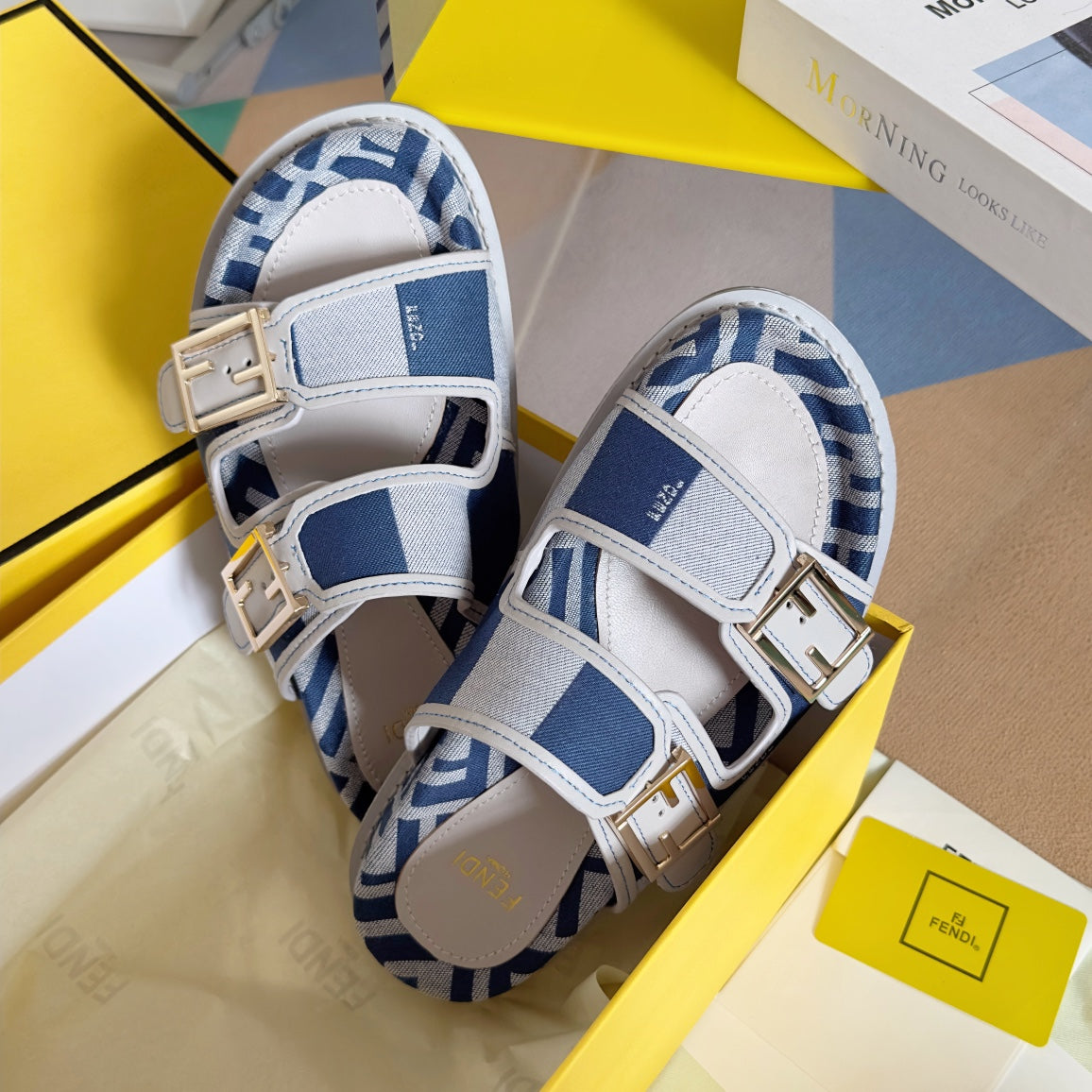 Luxury FendiFF Feel Blue Light Grey Canvas Slide