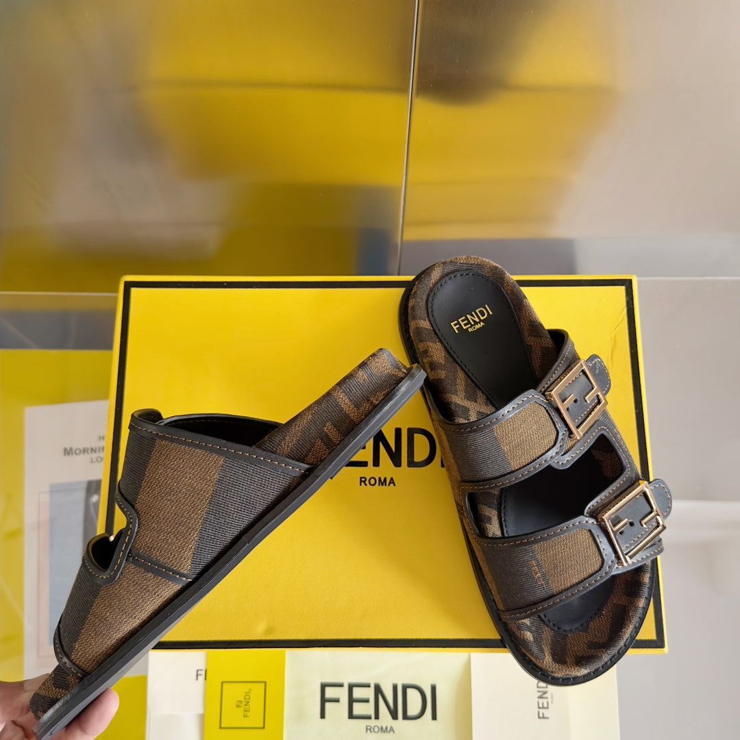Luxury FendiFF Feel Brown Black Canvas Slide