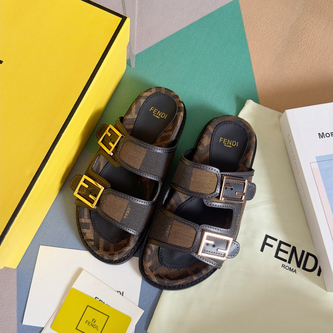 Luxury FendiFF Feel Brown Black Canvas Slide