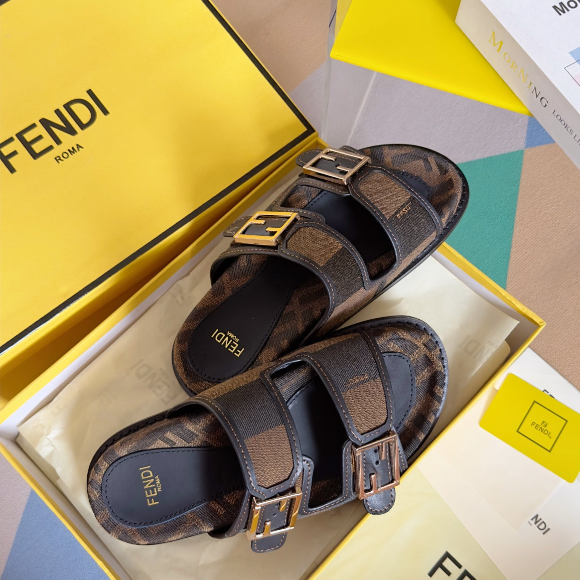 Luxury FendiFF Feel Brown Black Canvas Slide