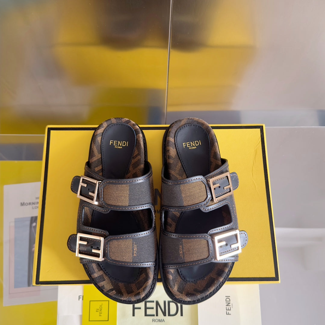 Luxury FendiFF Feel Brown Black Canvas Slide