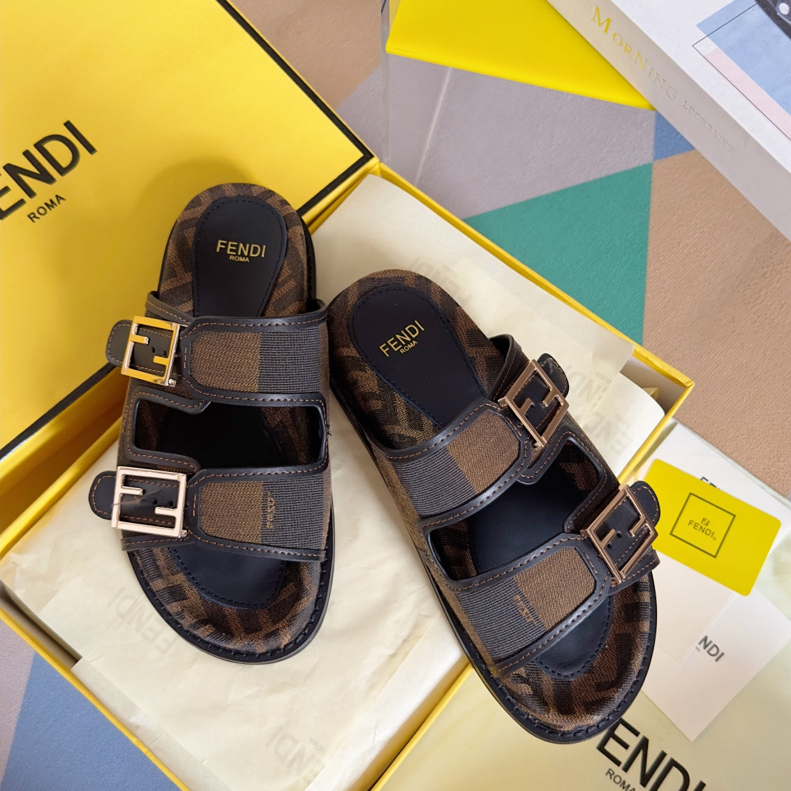 Luxury FendiLuxury FendiDAD SANDAL IN MOCHA BROWN MIX BLACK MONOGRAM JACQUARD FABRIC
