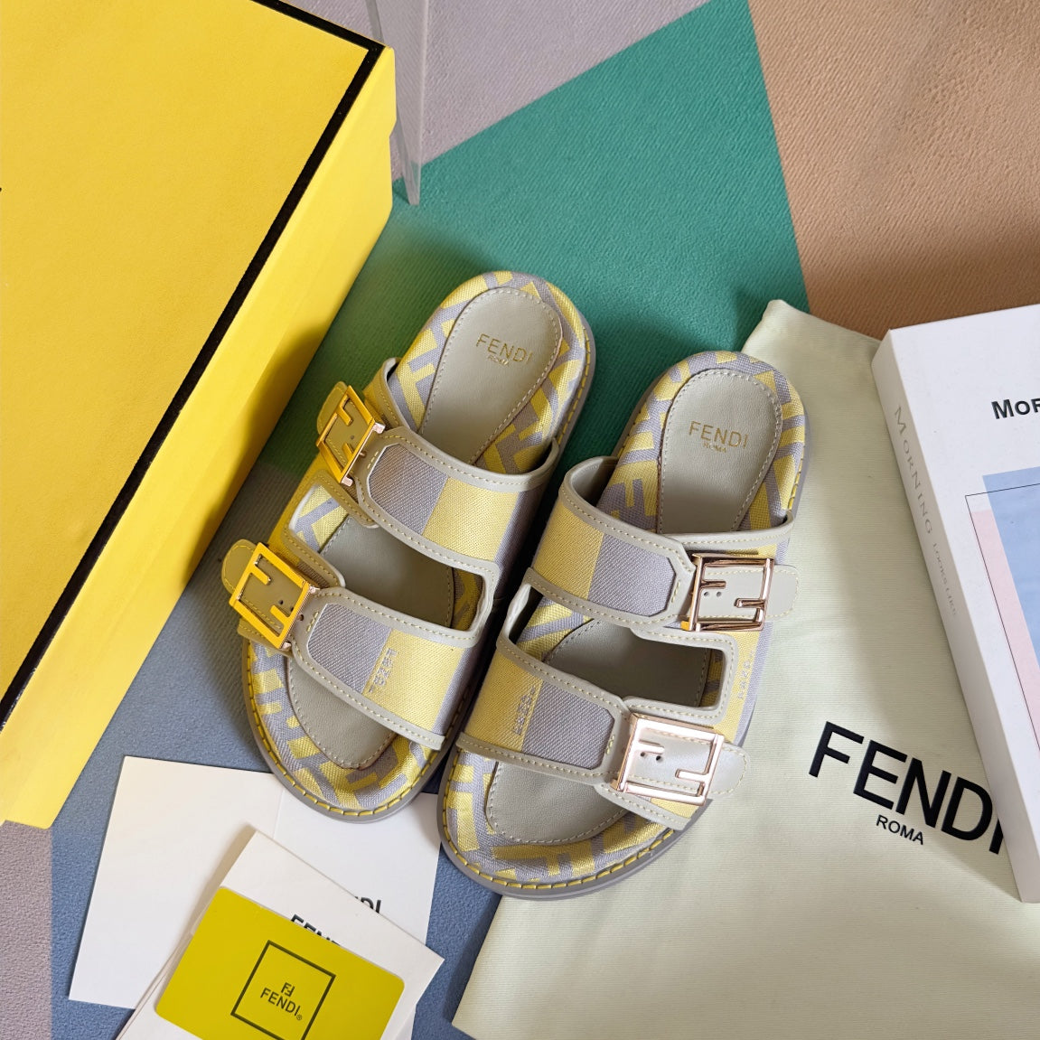Luxury FendiFF Feel Yellow Grey Canvas Slide