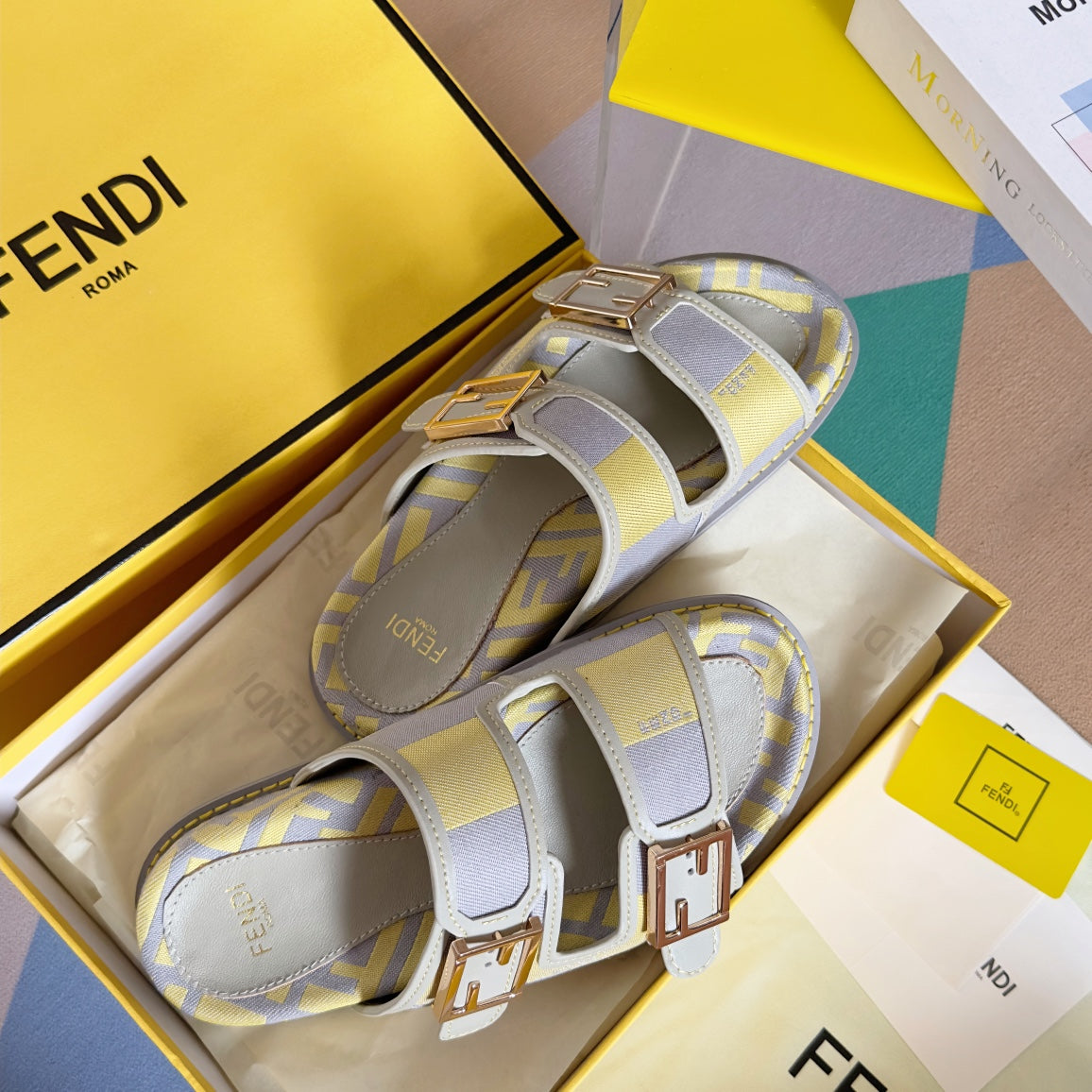 Luxury FendiFF Feel Yellow Grey Canvas Slide