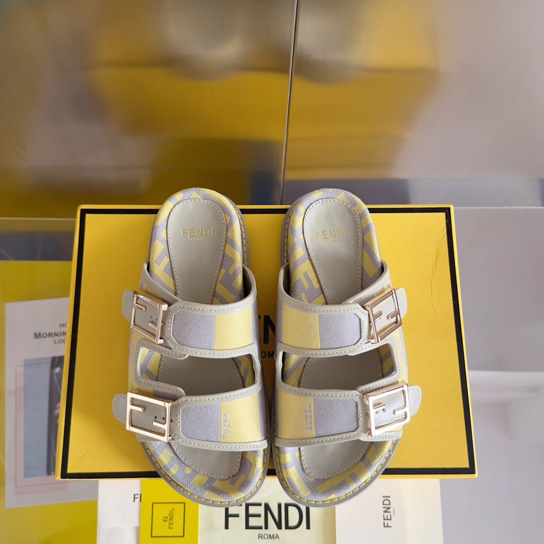 Luxury FendiFF Feel Yellow Grey Canvas Slide