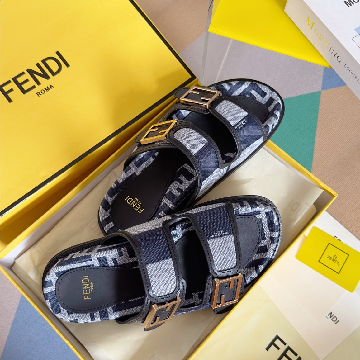 Luxury FendiFF Feel Blue Grey Canvas Slide