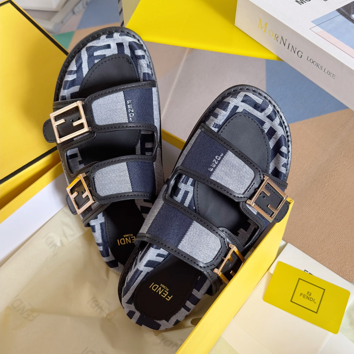 Luxury FendiFF Feel Blue Grey Canvas Slide