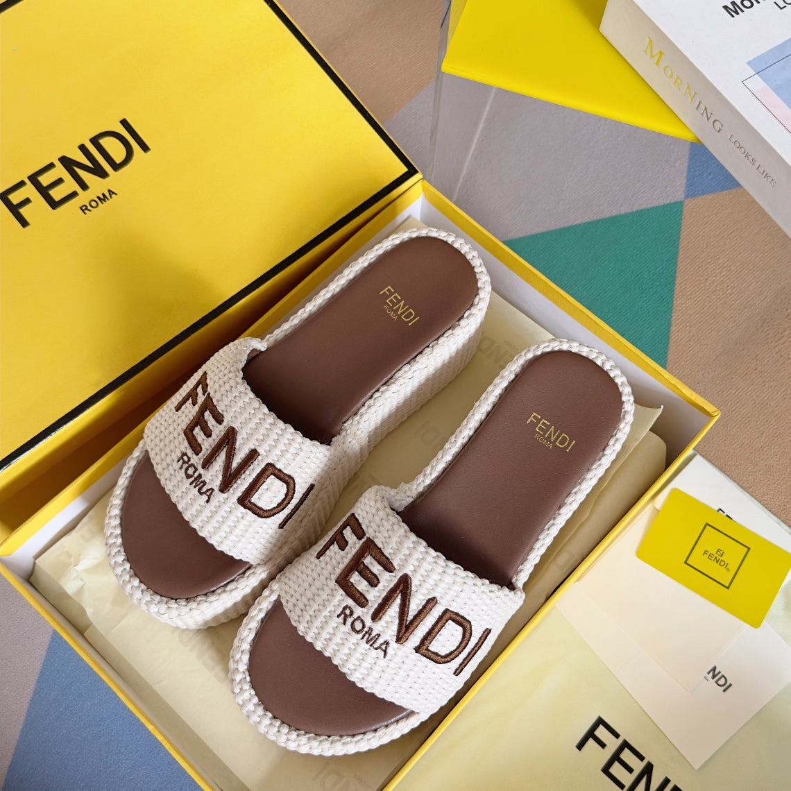 Luxury FendiFF Sunshine 65 White Cotton Brown Leather Fibre Flatform Slide