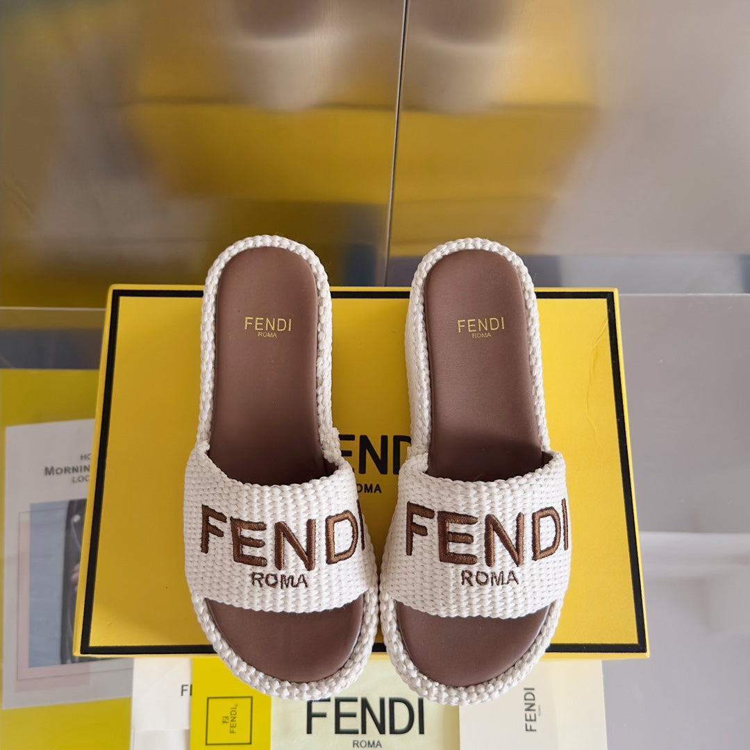 Luxury FendiFF Sunshine 65 White Cotton Brown Leather Fibre Flatform Slide