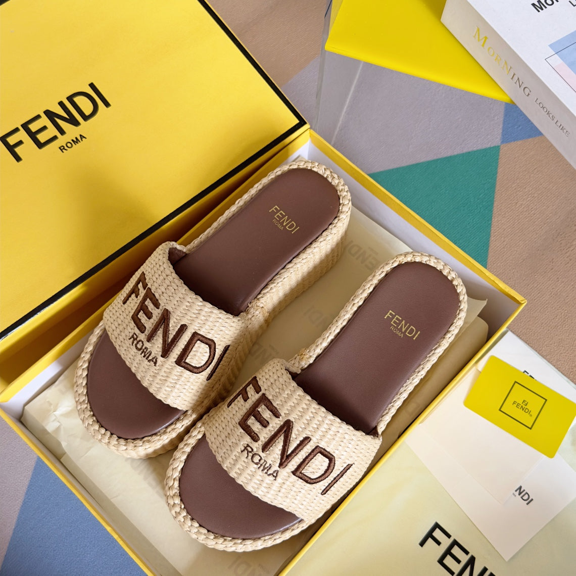 Luxury FendiFF Sunshine 65 Beige Cotton Brown Leather Fibre Flatform Slide