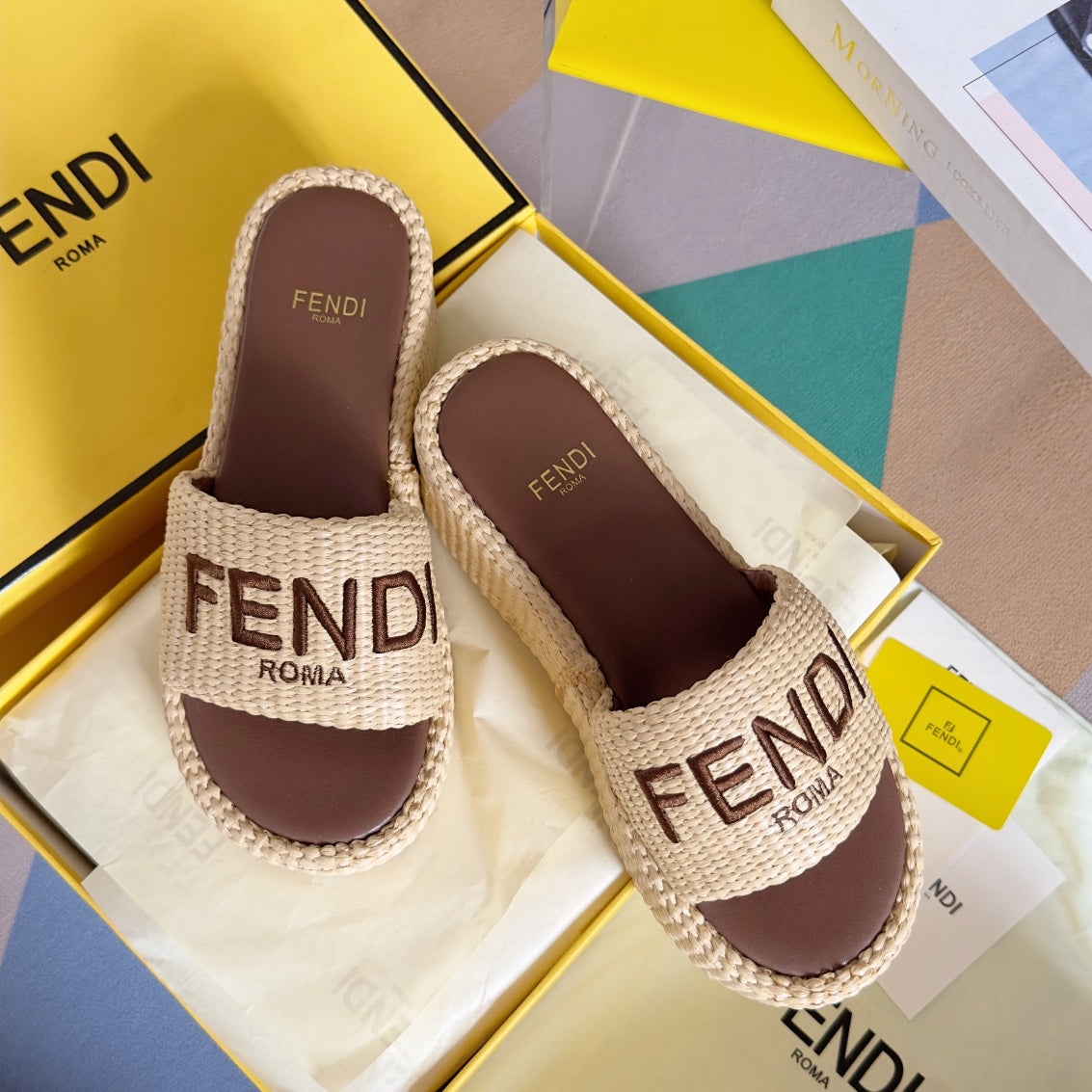 Luxury FendiFF Sunshine 65 Beige Cotton Brown Leather Fibre Flatform Slide