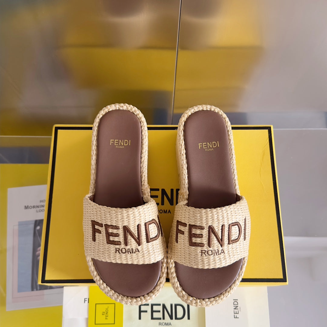 Luxury FendiFF Sunshine 65 Beige Cotton Brown Leather Fibre Flatform Slide