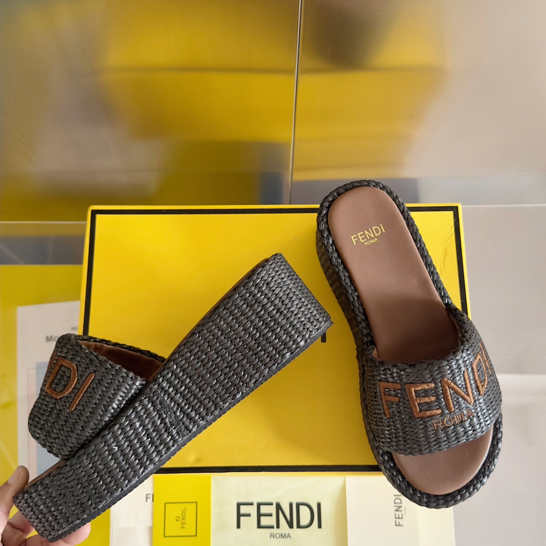 Luxury FendiFF Sunshine 65 Chocolate Cotton Brown Leather Fibre Flatform Slide