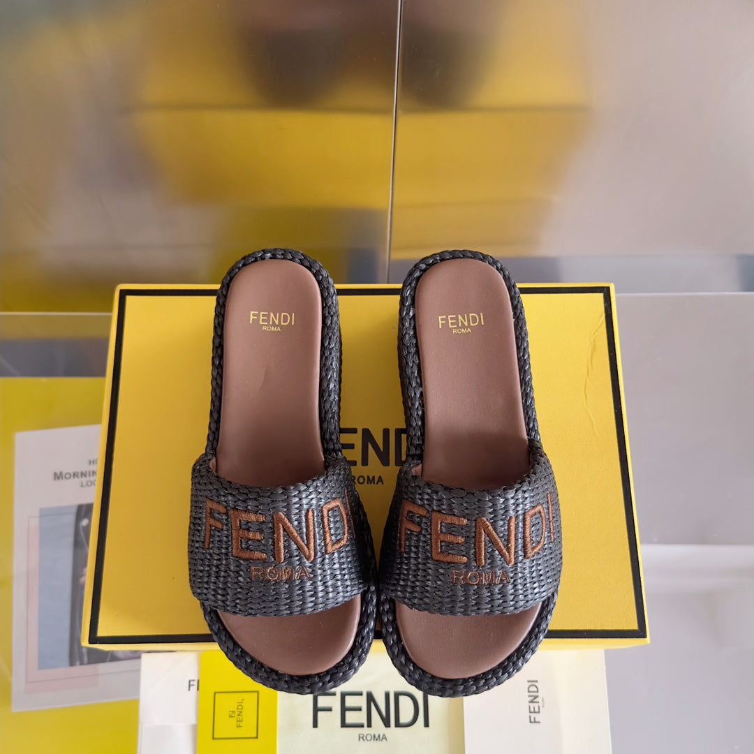 Luxury FendiFF Sunshine 65 Chocolate Cotton Brown Leather Fibre Flatform Slide