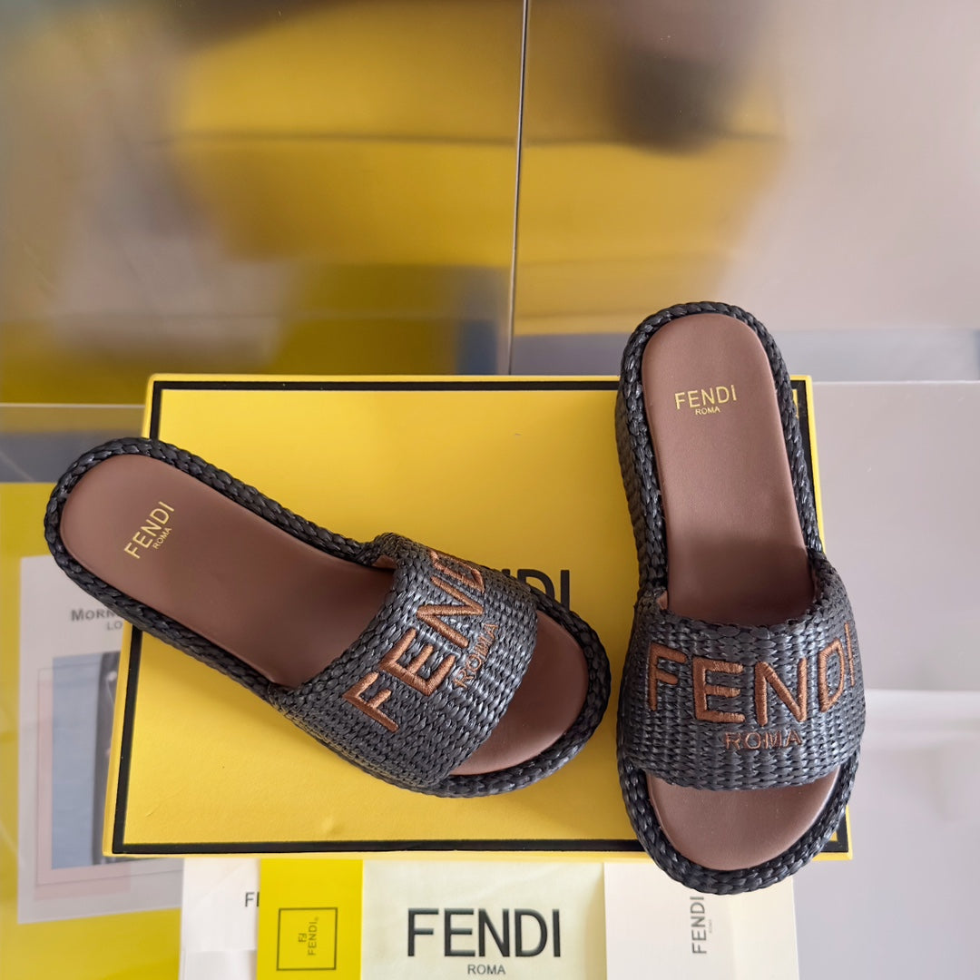 Luxury FendiFF Sunshine 65 Chocolate Cotton Brown Leather Fibre Flatform Slide