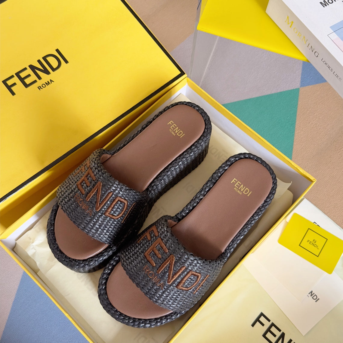 Luxury FendiFF Sunshine 65 Chocolate Cotton Brown Leather Fibre Flatform Slide