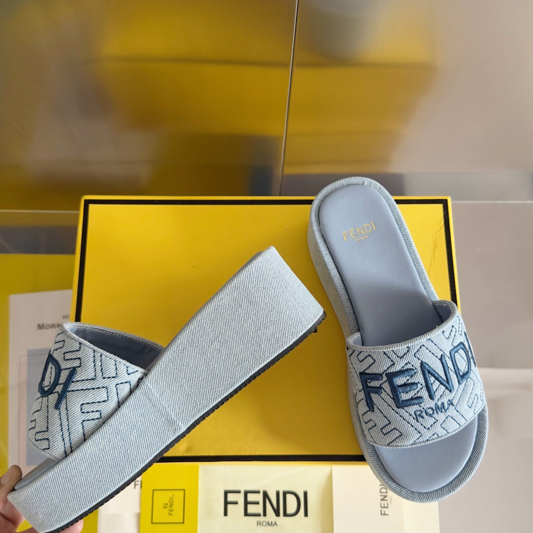 Luxury FendiFF Monogram Sunshine 65 Light Blue Fabric Slide