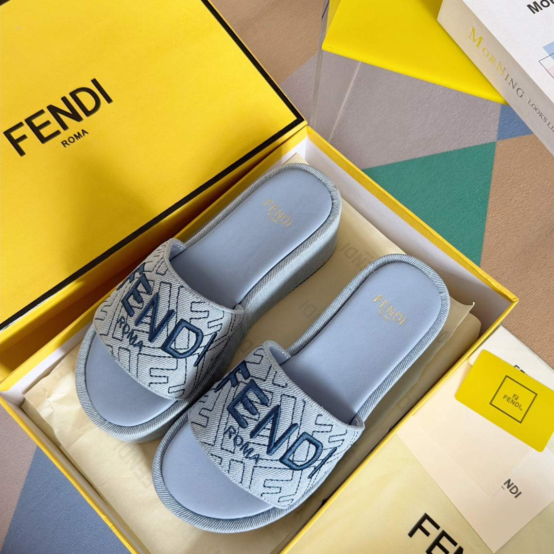 Luxury FendiFF Monogram Sunshine 65 Light Blue Fabric Slide