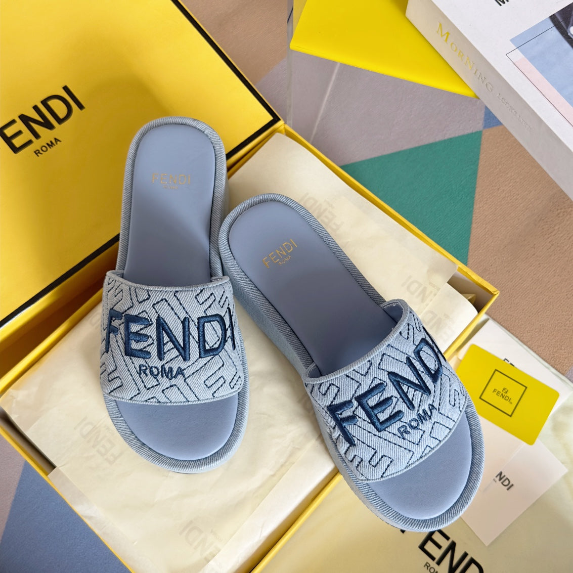 Luxury FendiFF Monogram Sunshine 65 Light Blue Fabric Slide