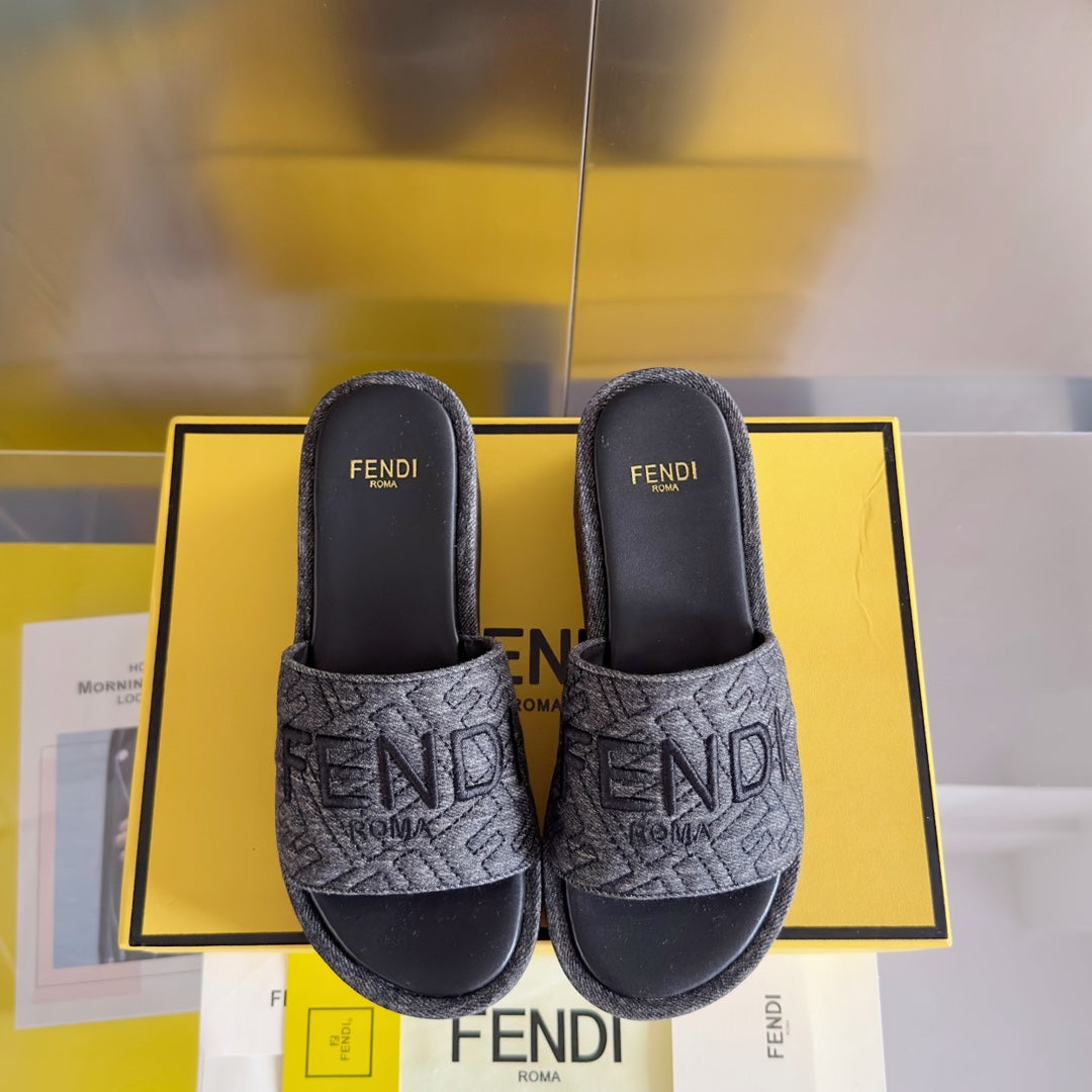 Luxury FendiFF Monogram Sunshine 65 Black Fabric Slide