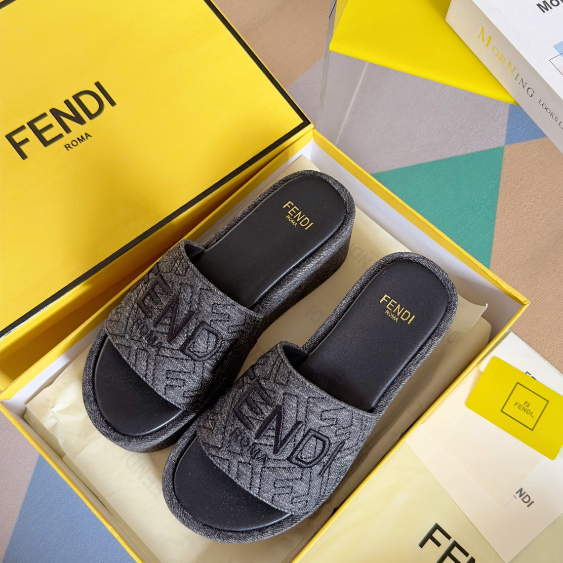 Luxury FendiFF Monogram Sunshine 65 Black Fabric Slide