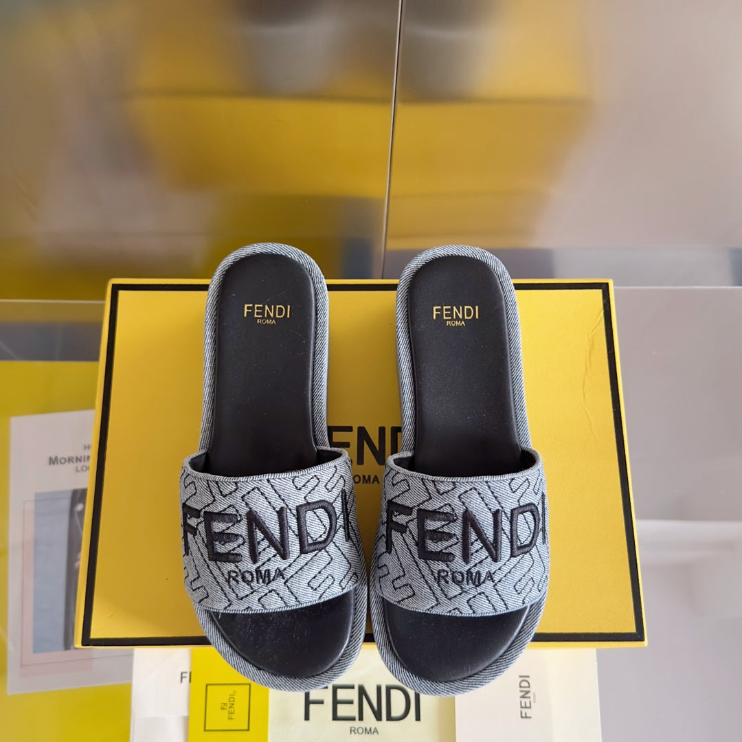 Luxury FendiFF Monogram Sunshine 65 Black Grey Fabric Slide