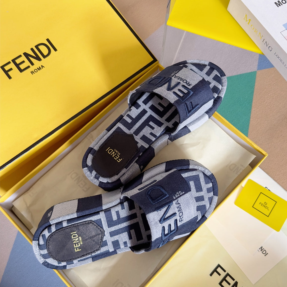 Luxury FendiFF Sunshine 65 Blue Dark Grey Canvas Flatform Slide