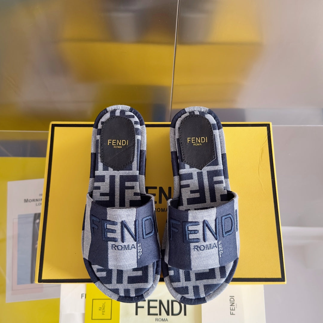 Luxury FendiFF Sunshine 65 Blue Dark Grey Canvas Flatform Slide