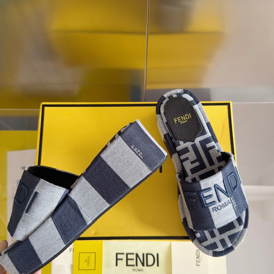 Luxury FendiFF Sunshine 65 Blue Dark Grey Canvas Flatform Slide