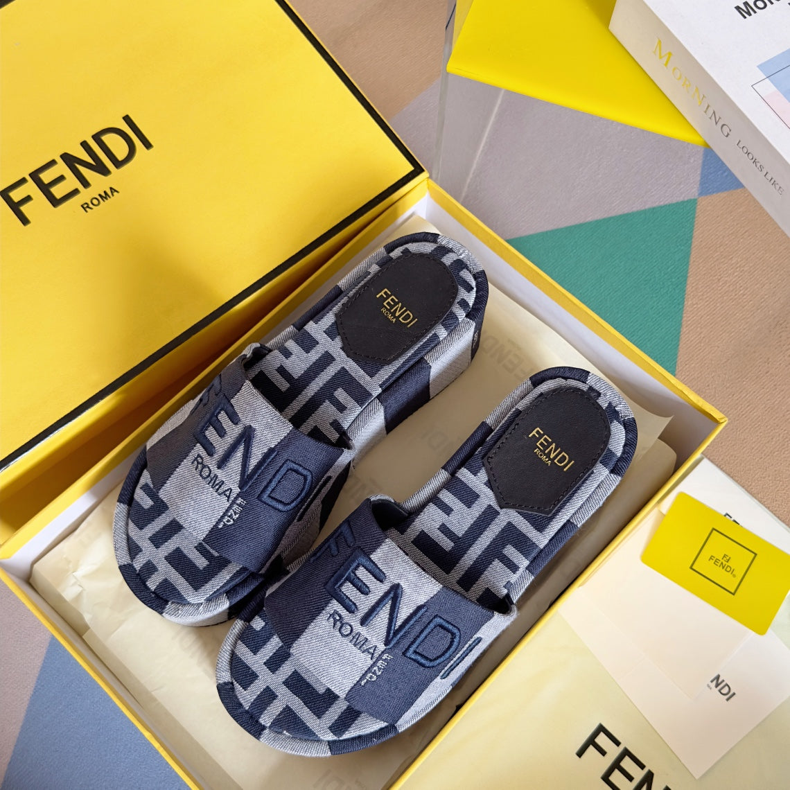 Luxury FendiFF Sunshine 65 Blue Dark Grey Canvas Flatform Slide