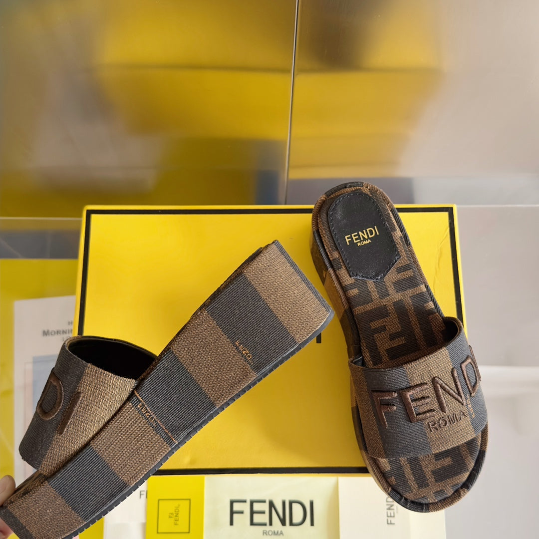 Luxury FendiFF Sunshine 65 Black Brown Canvas Flatform Slide