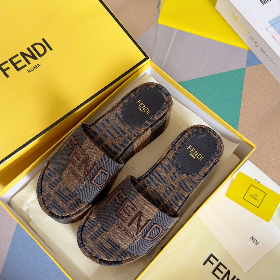 Luxury FendiFF Sunshine 65 Black Brown Canvas Flatform Slide
