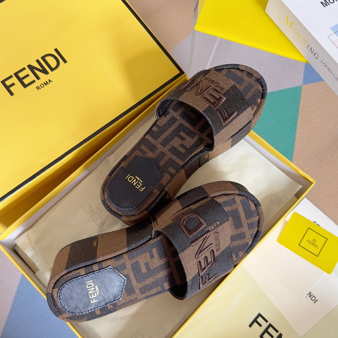 Luxury FendiFF Sunshine 65 Black Brown Canvas Flatform Slide