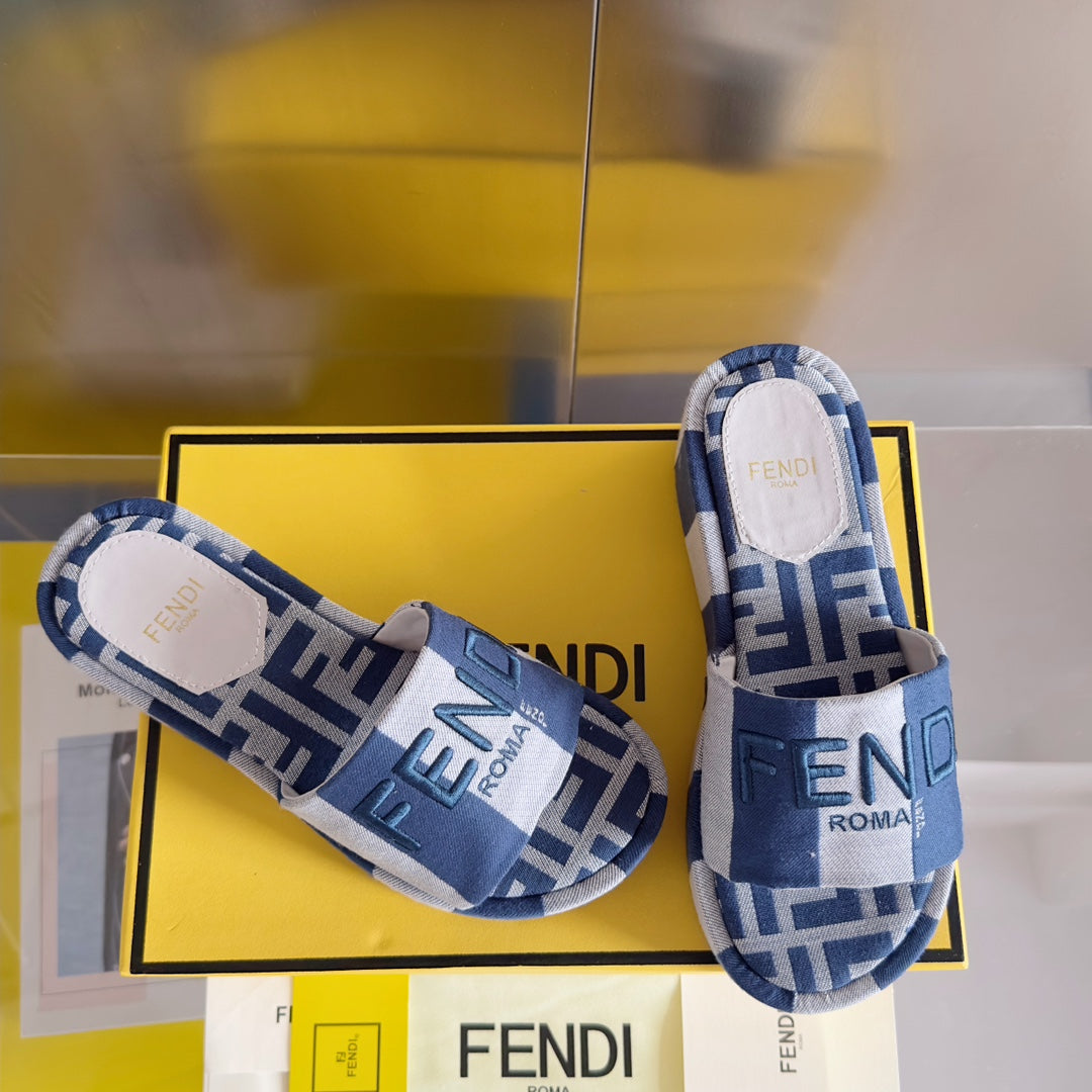 Luxury FendiFF Sunshine 65 Blue Grey Canvas Flatform Slide