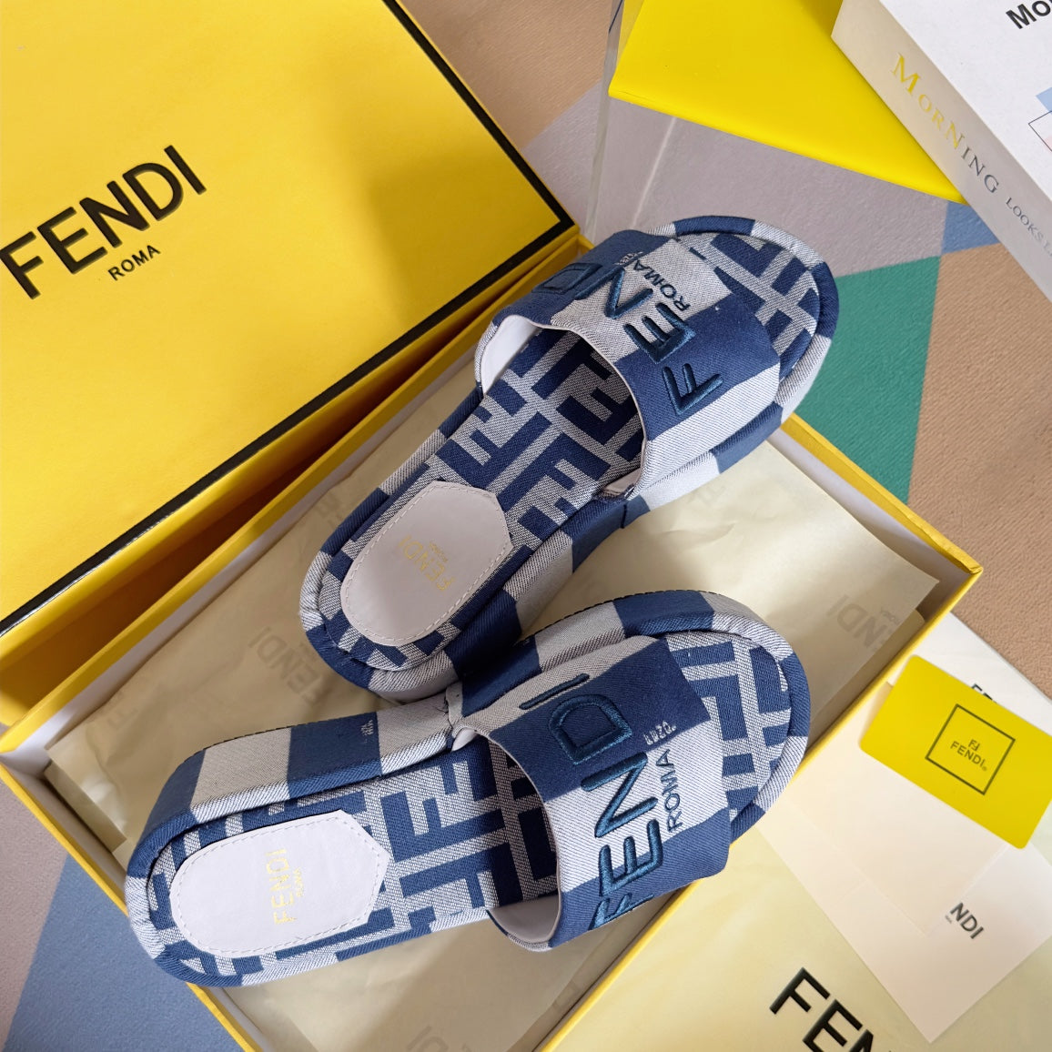 Luxury FendiFF Sunshine 65 Blue Grey Canvas Flatform Slide