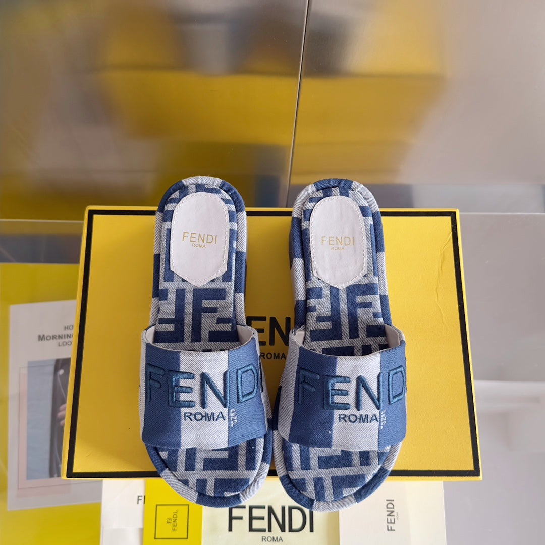 Luxury FendiFF Sunshine 65 Blue Grey Canvas Flatform Slide