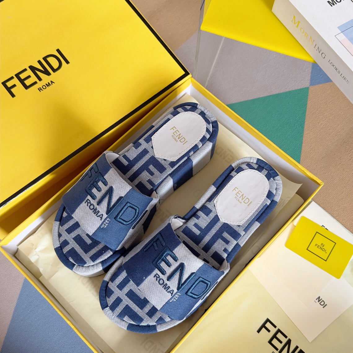 Luxury FendiFF Sunshine 65 Blue Grey Canvas Flatform Slide