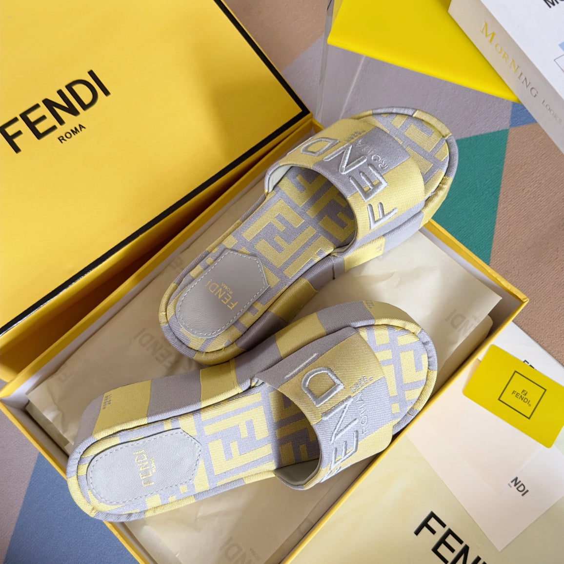 Luxury FendiFF Sunshine 65 Yellow Grey Canvas Flatform Slide