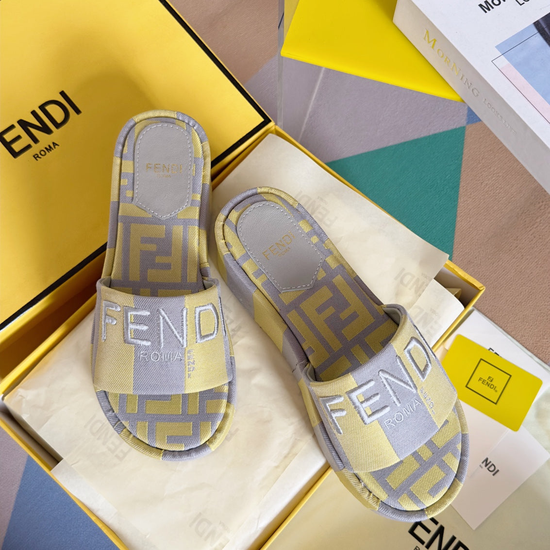 Luxury FendiFF Sunshine 65 Yellow Grey Canvas Flatform Slide