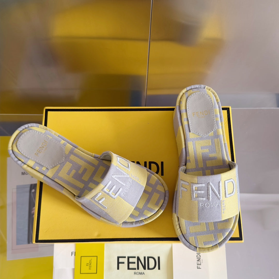 Luxury FendiFF Sunshine 65 Yellow Grey Canvas Flatform Slide