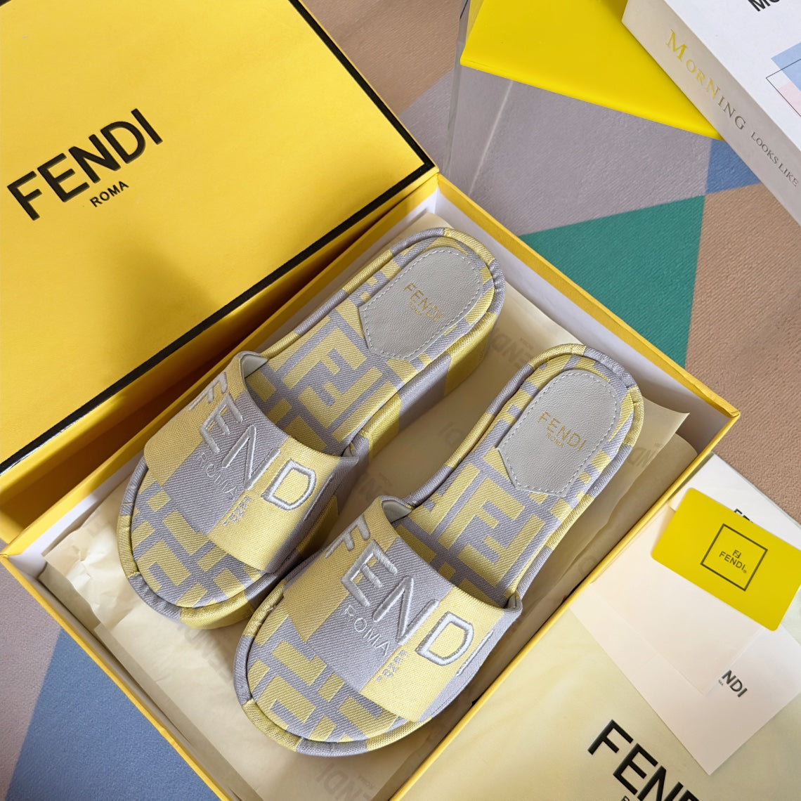 Luxury FendiFF Sunshine 65 Yellow Grey Canvas Flatform Slide