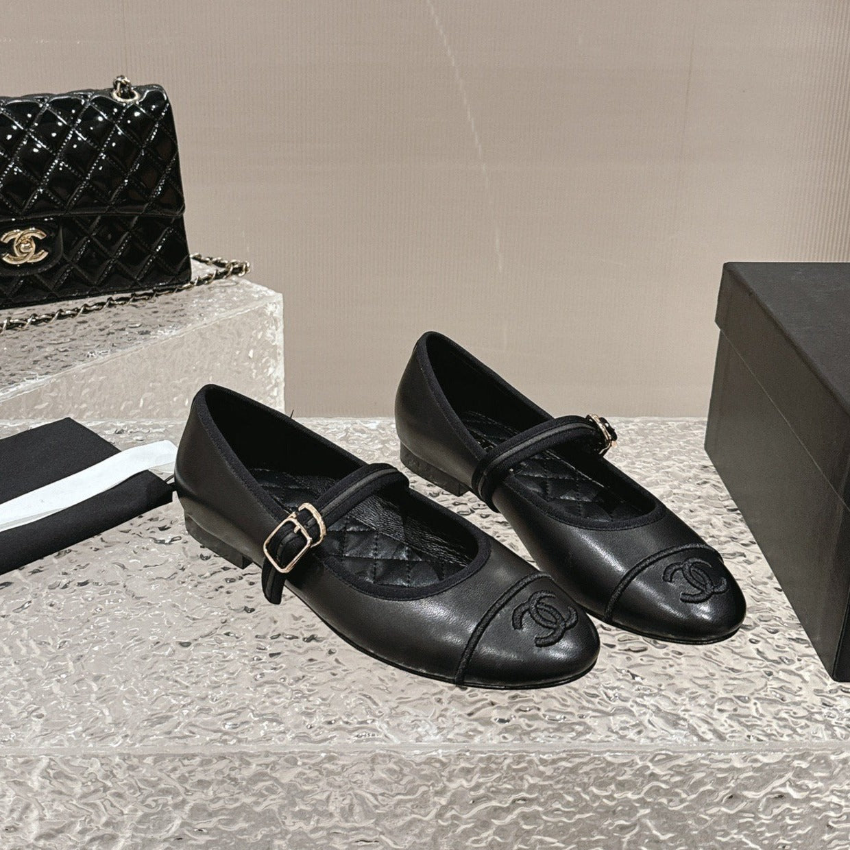 Luxury Chanel mary janes black lambskin