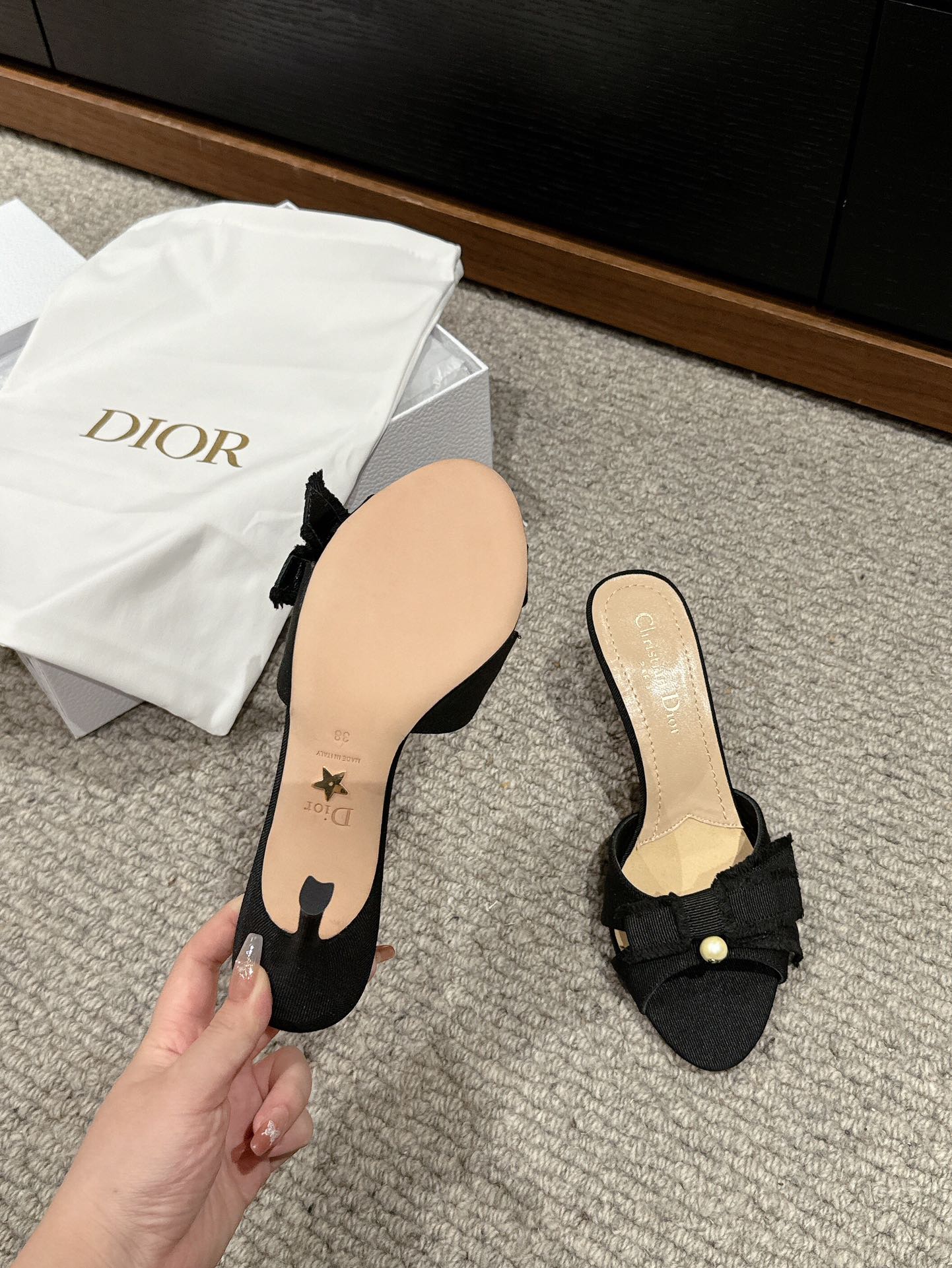 Luxury Diorsandal a DIORable 80 black grosgrain beige lambskin
