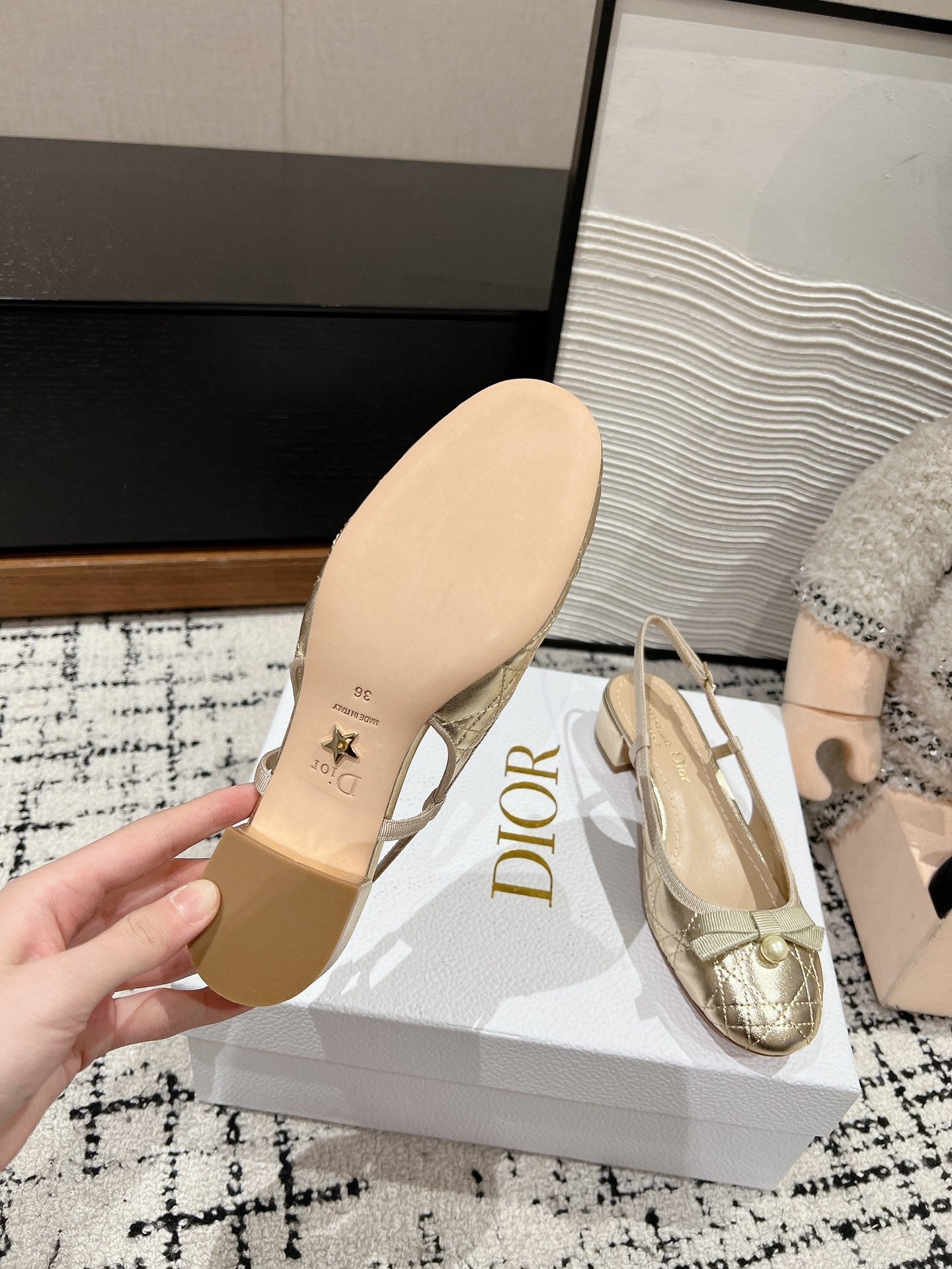 Luxury DiorBallet Slingback Pump 30mm In Gold Quilted Calfskin 997041