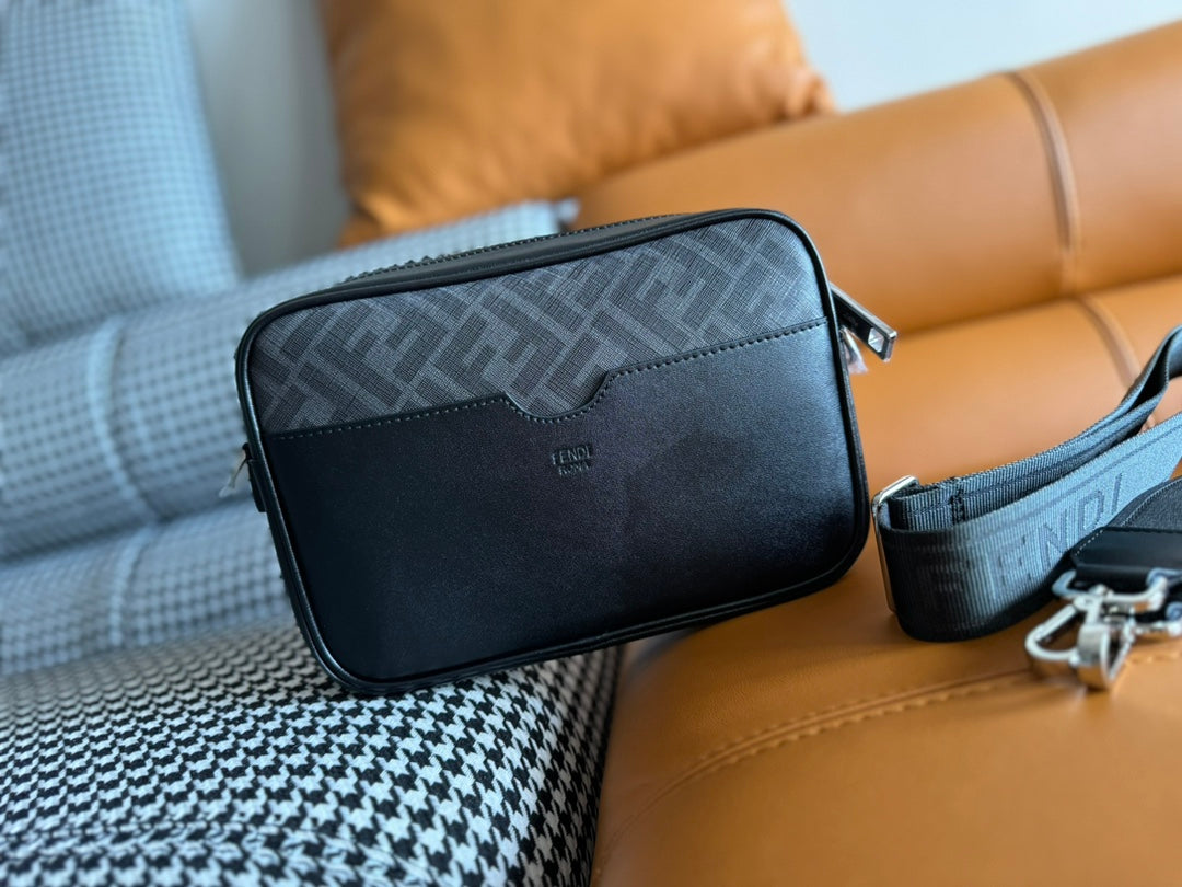 Luxury FendiCLUTCH 22 WITH FF MOTIF IN DARK GRAY TEXTURED FABRIC AND BLACK LAMBSKIN TRIM